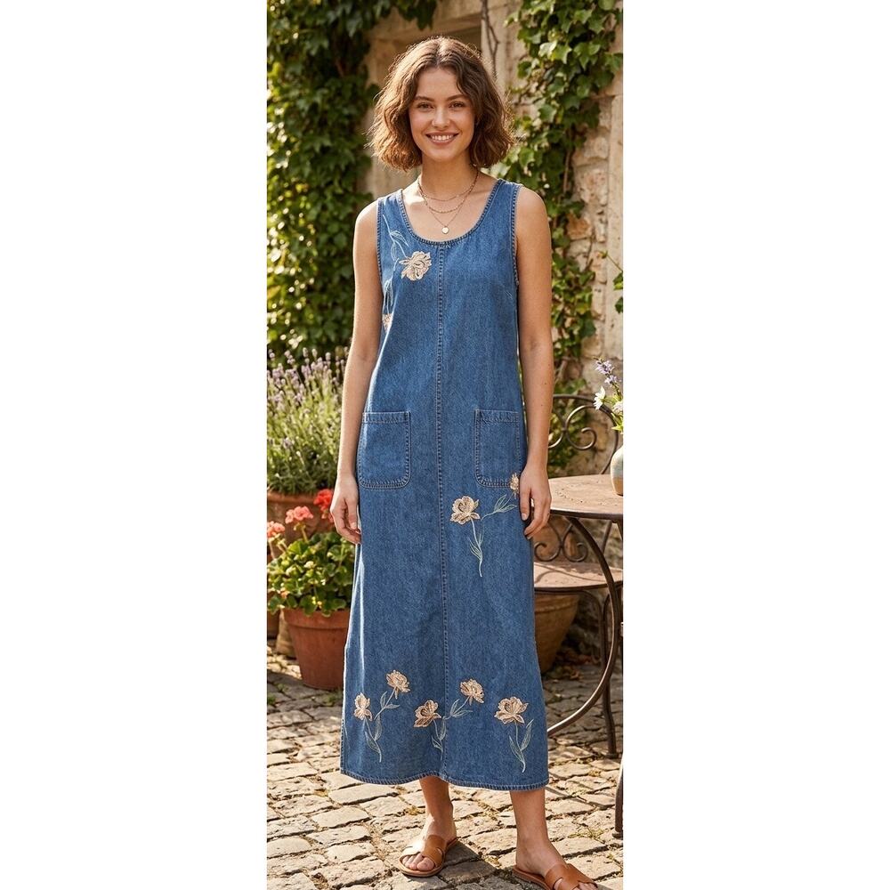 Vintage Agapo Collection Embroidered Denim Jumper Dress